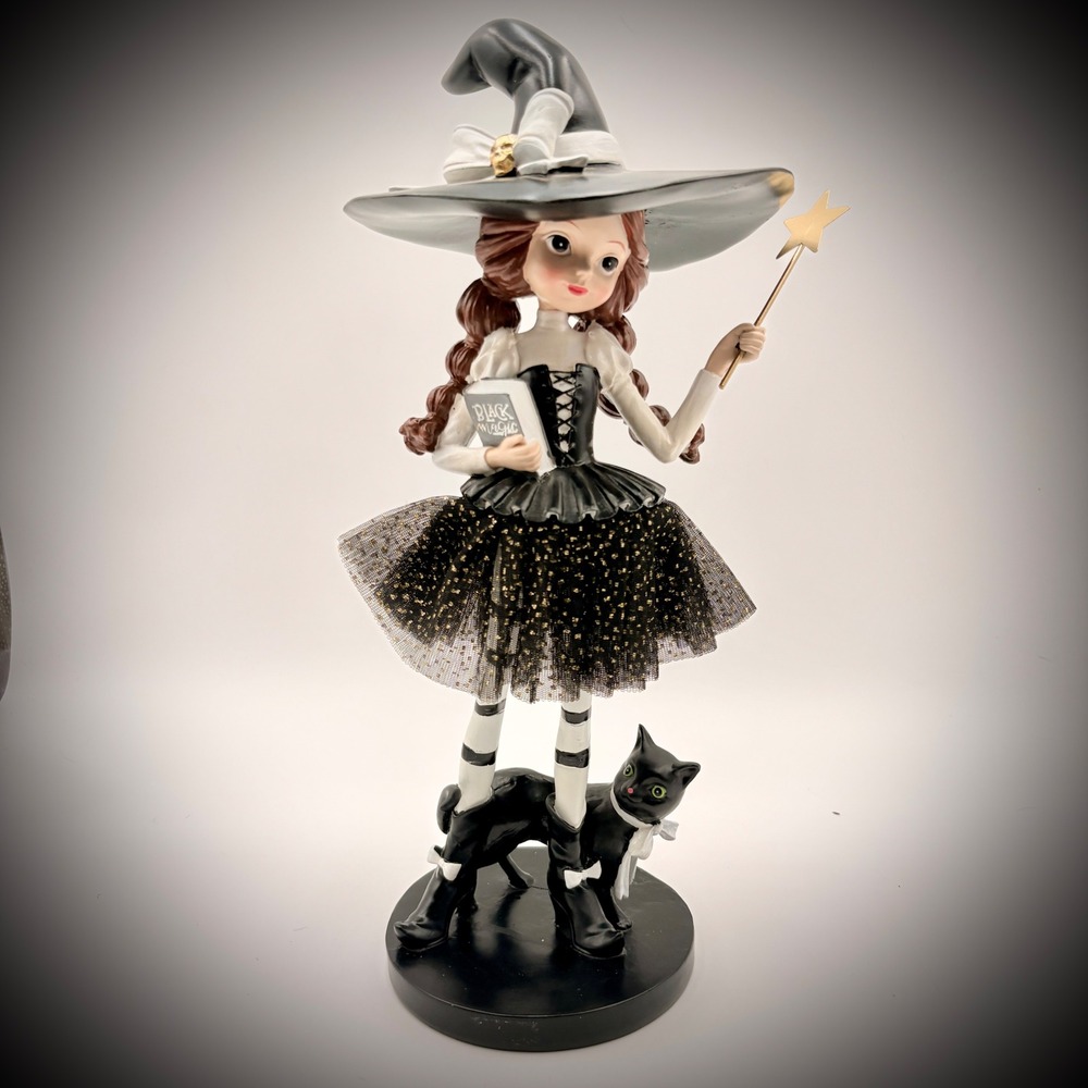 Whimsical Witch Figurine with Black Cat Wand Black Magic Book Halloween Decor
